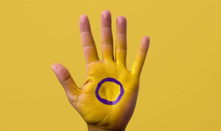 closeup,of,the,intersex,flag,painted,in,the,palm,of