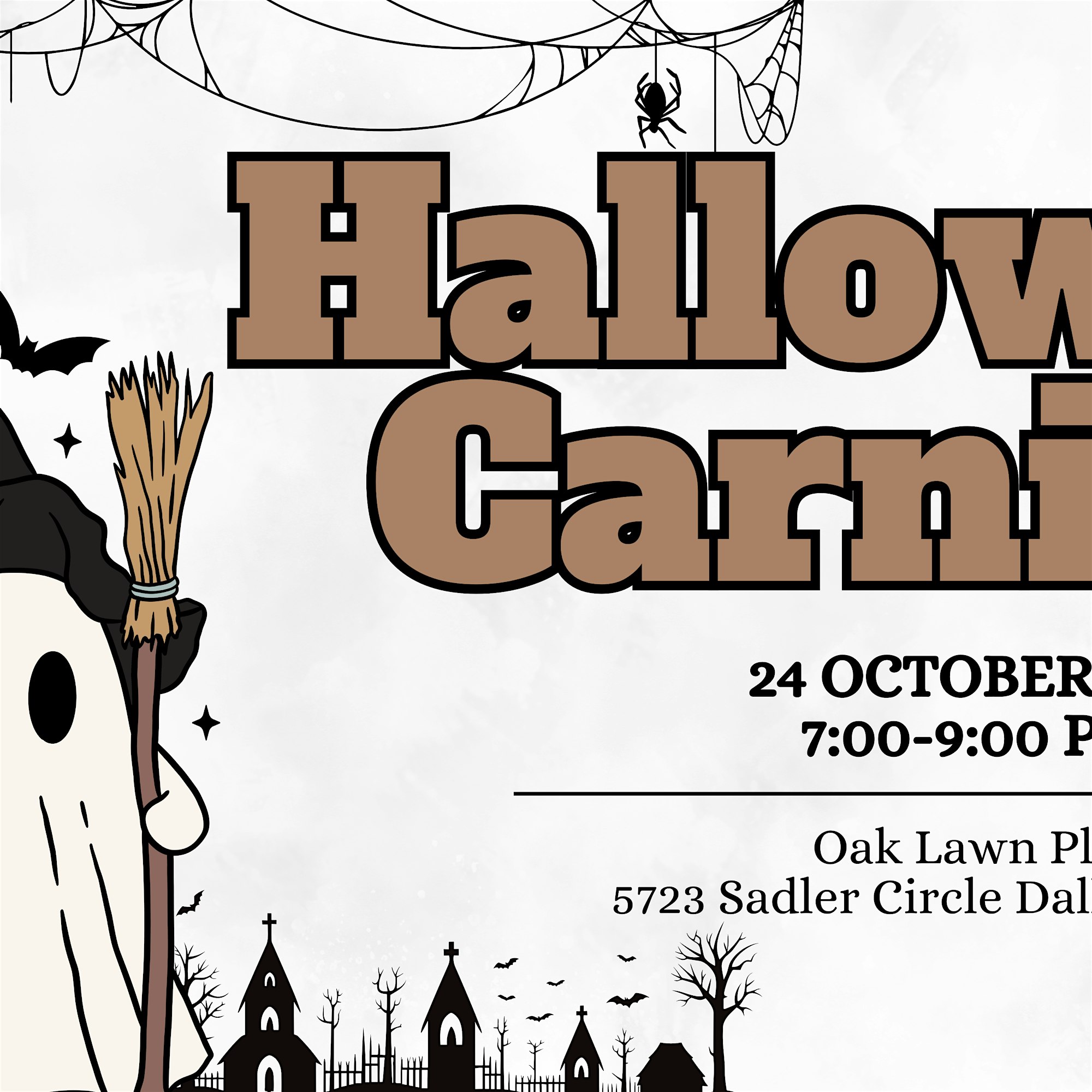 Halloween carnival poster with ghost and spiderweb.