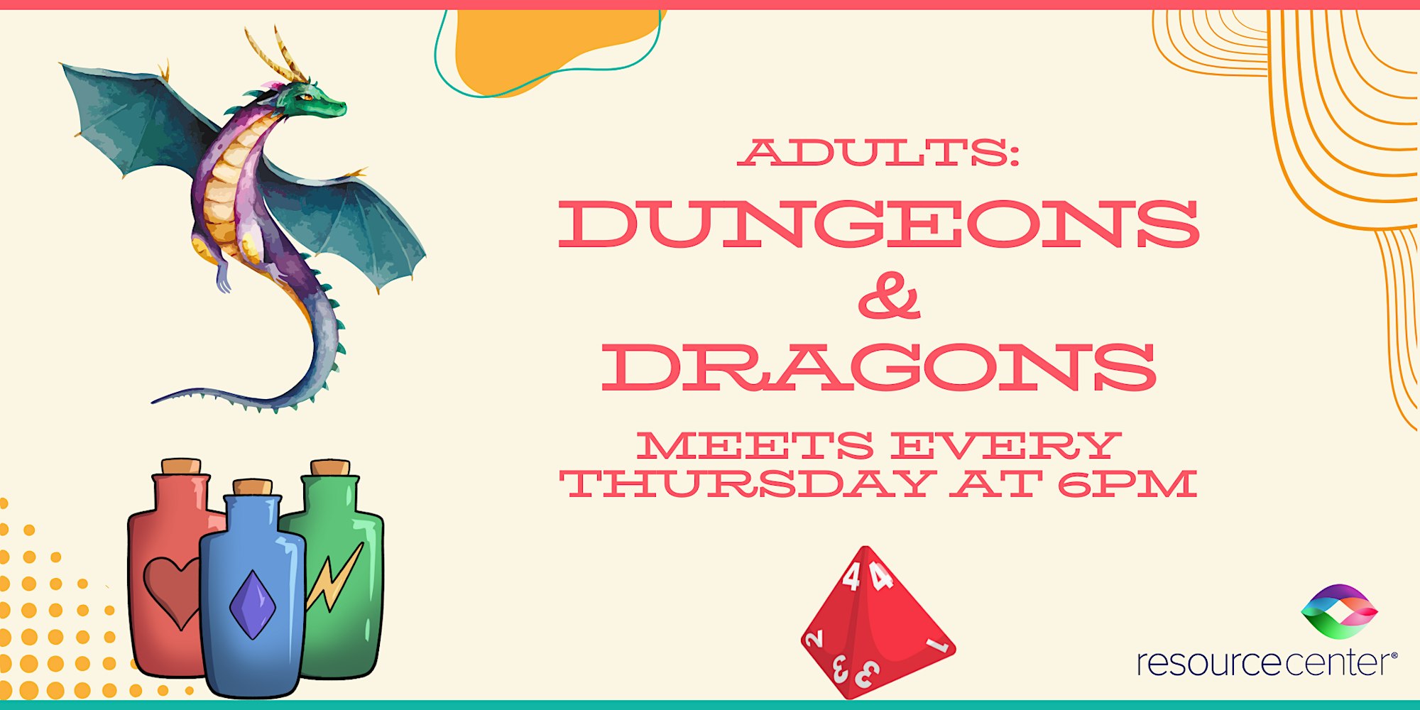Dungeons & Dragons event, Thursdays 6PM for adults.