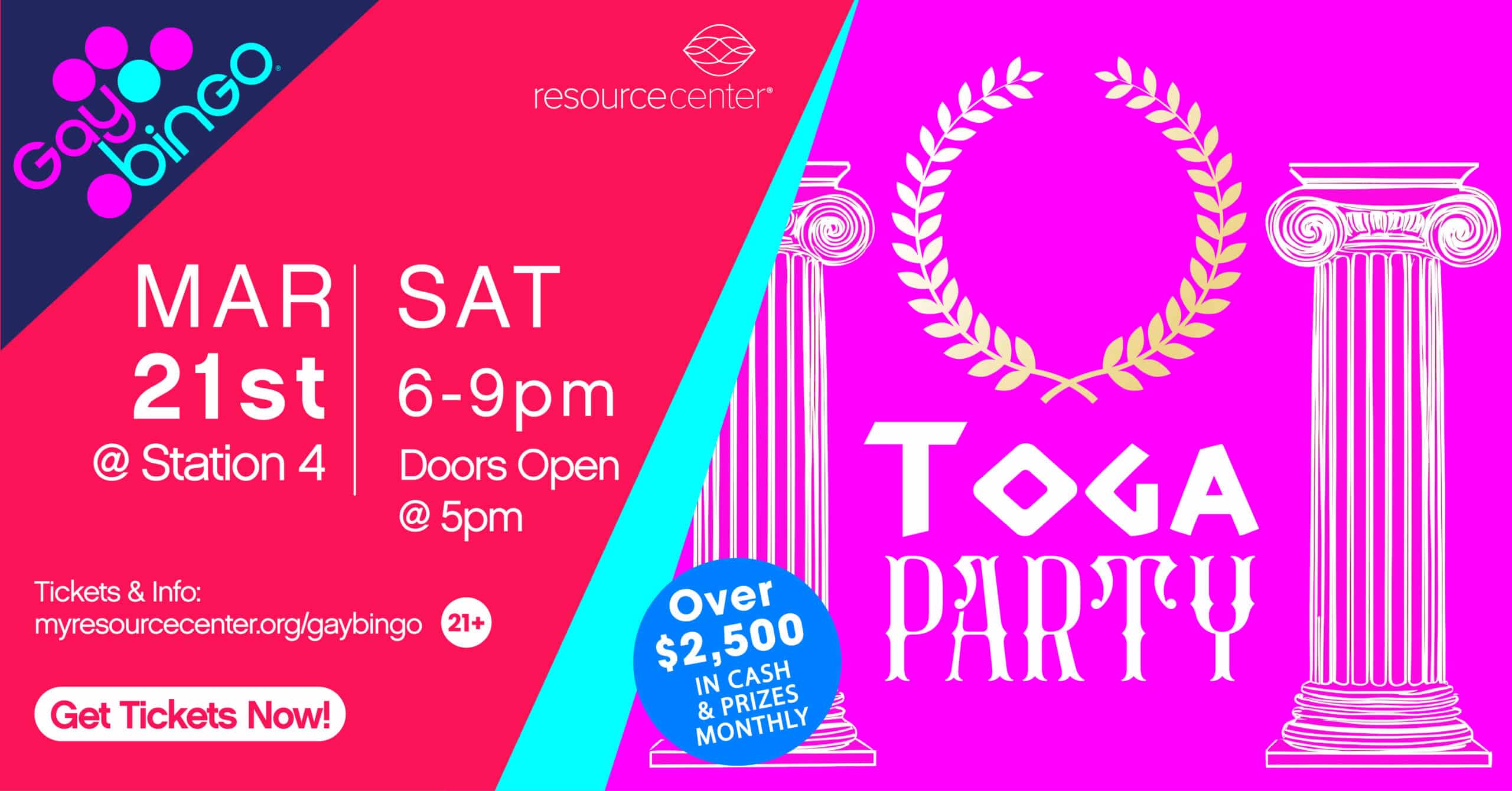 Gay Bingo Toga Party event details and prizes.