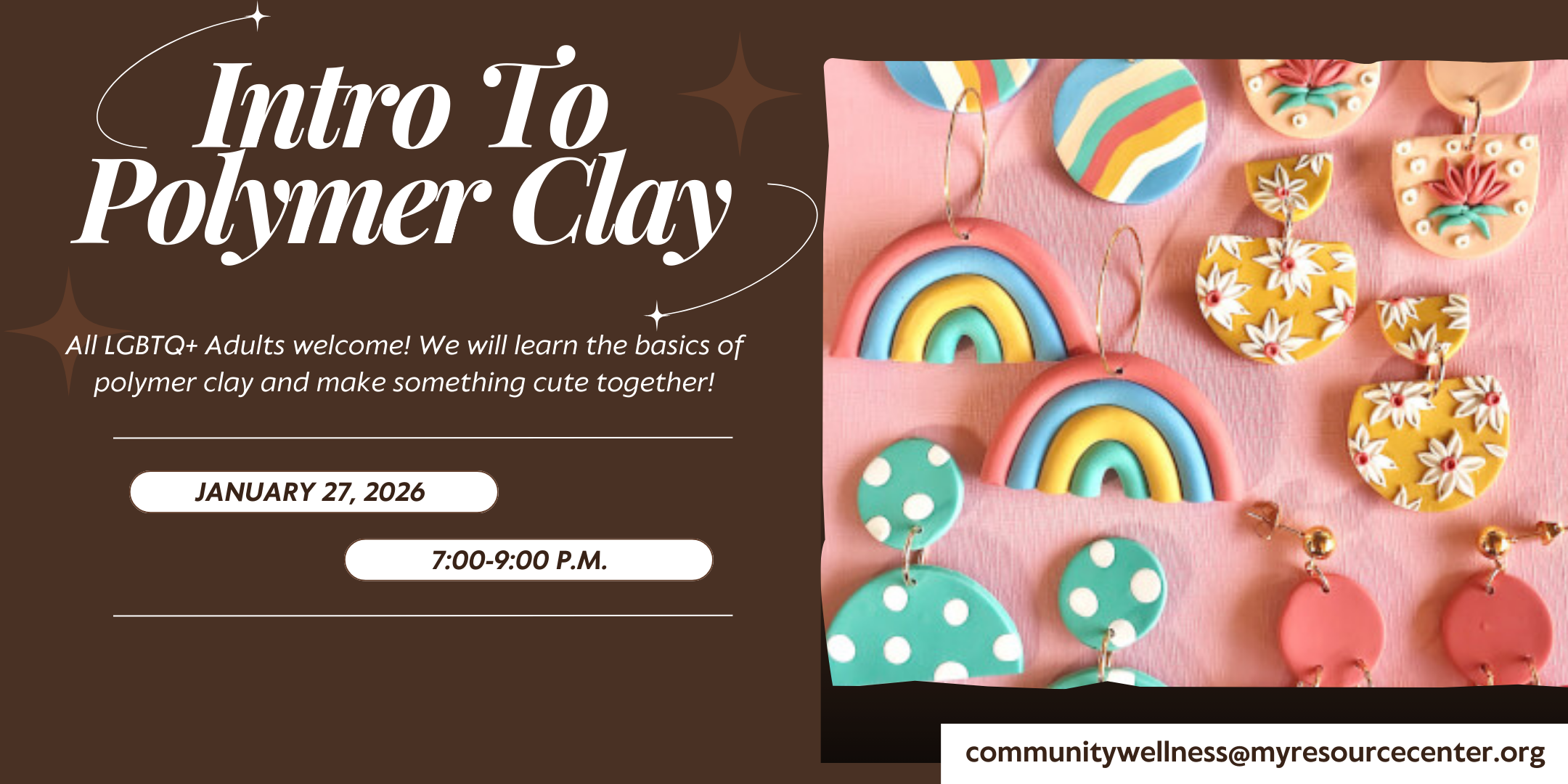 Intro to polymer clay flyer for LGBTQ+ adults event.
