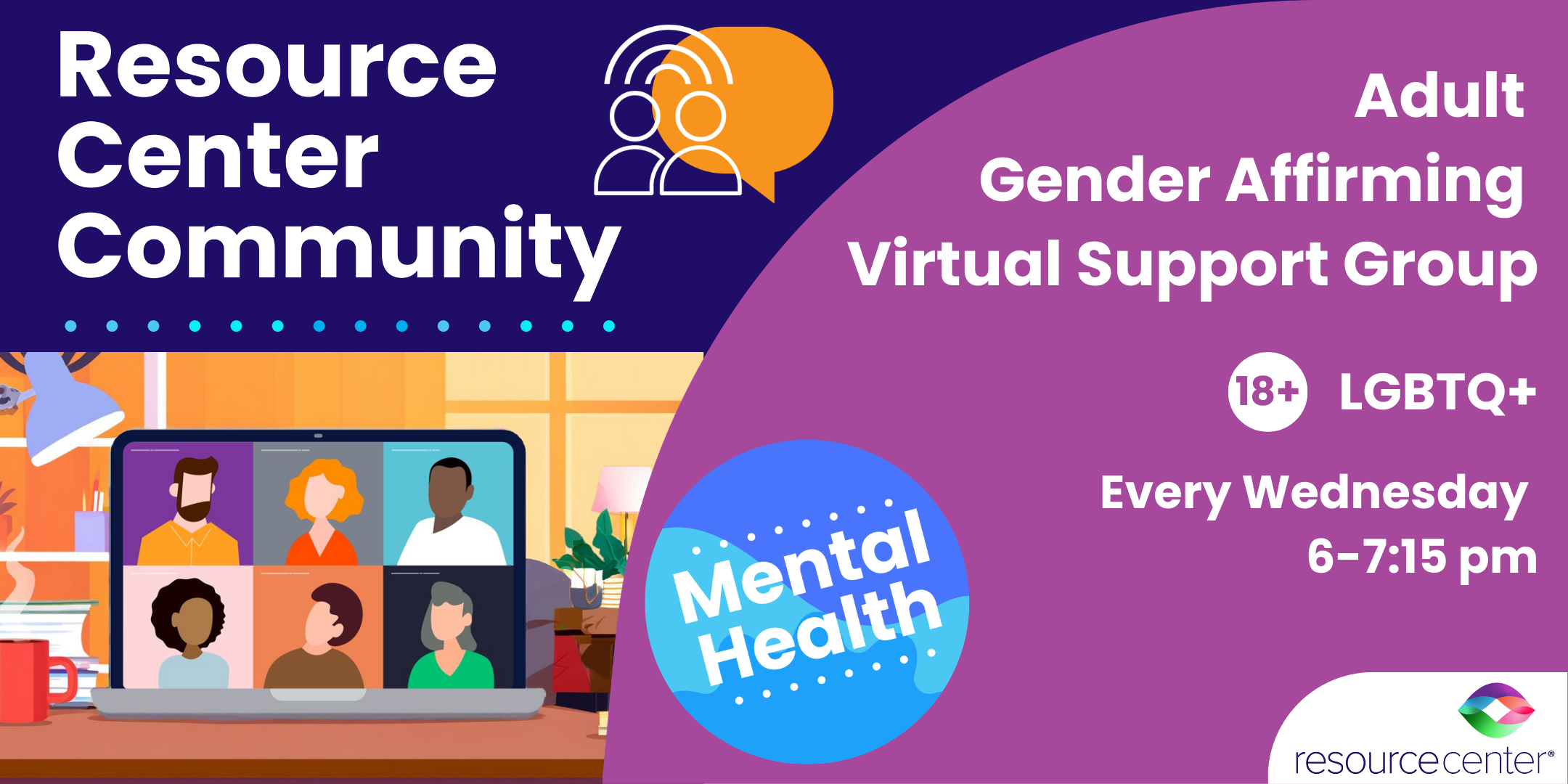 LGBTQ+ virtual support group, Wednesdays, mental health focus.