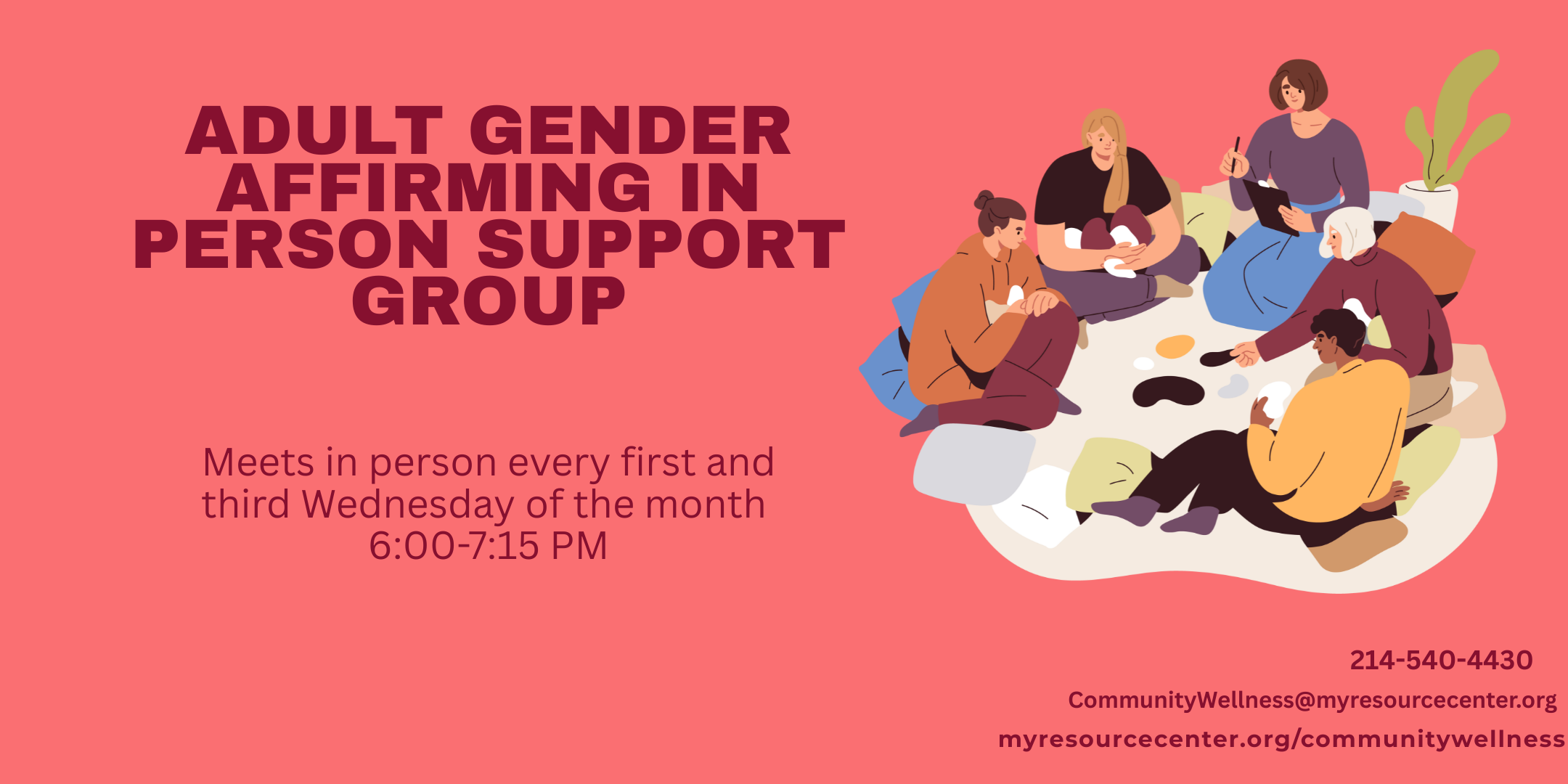 Gender affirming support group meeting details.