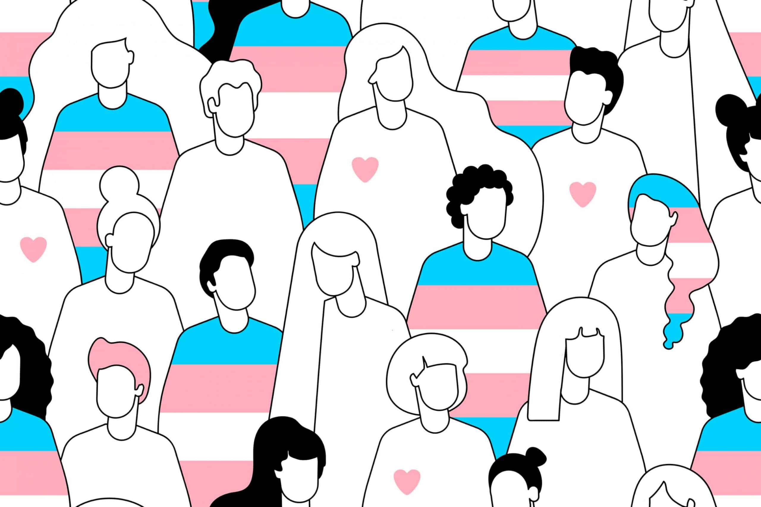 Illustration of diverse people, transgender flag theme.
