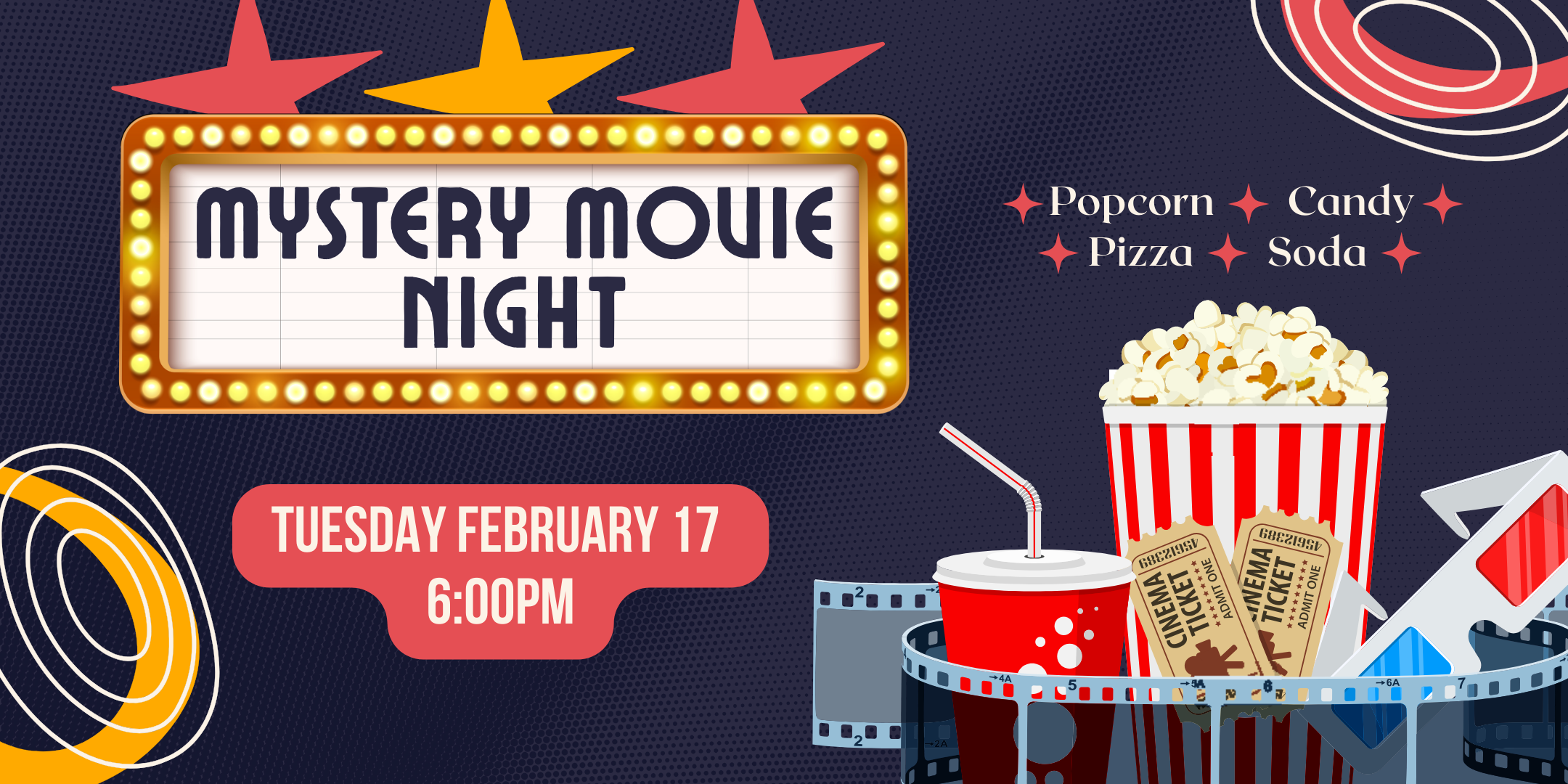 Mystery Movie Night event with snacks and tickets.