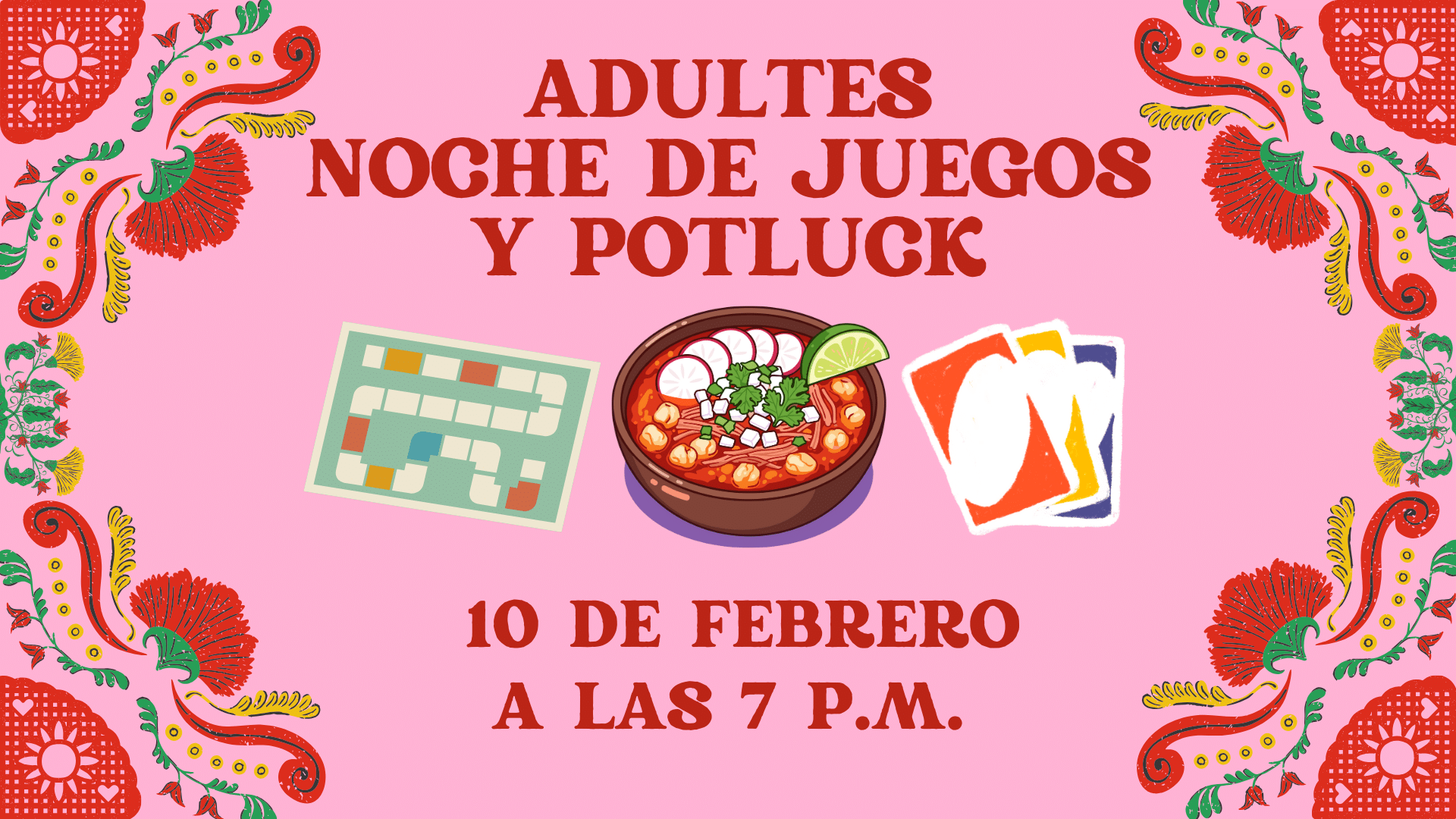 Adult game night and potluck event announcement.