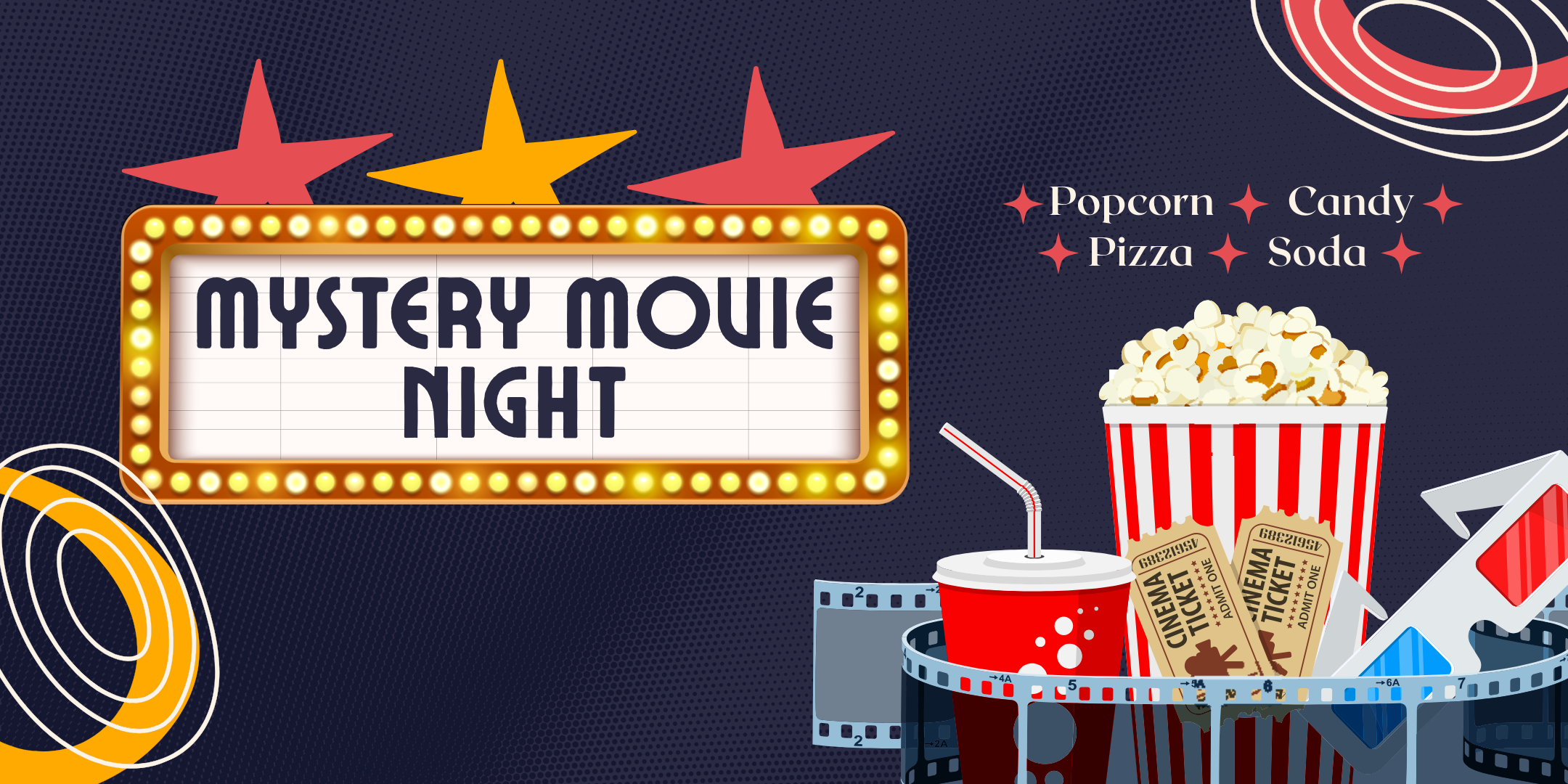 Mystery movie night with popcorn and cinema tickets.