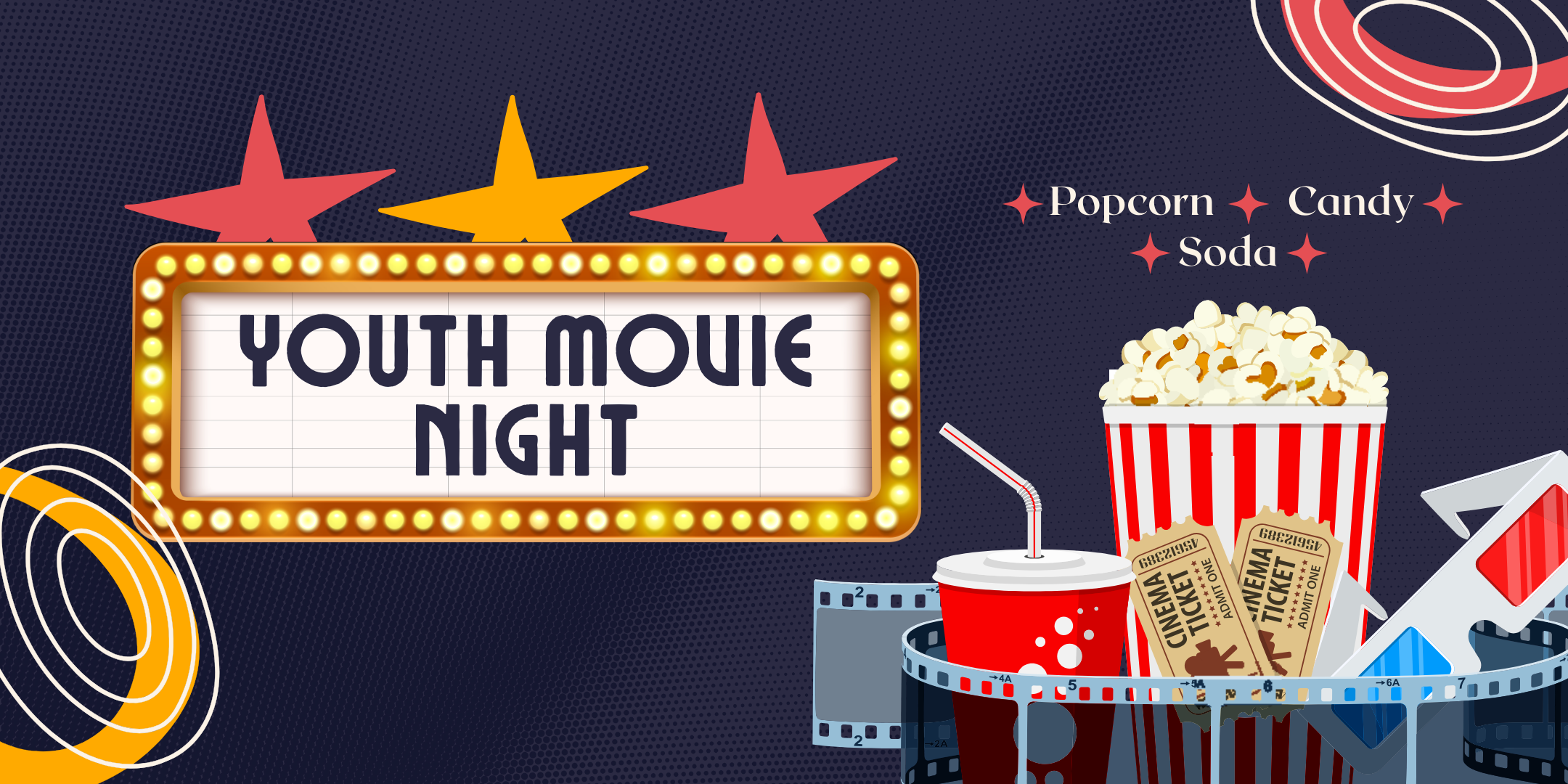 Youth movie night with popcorn and soda