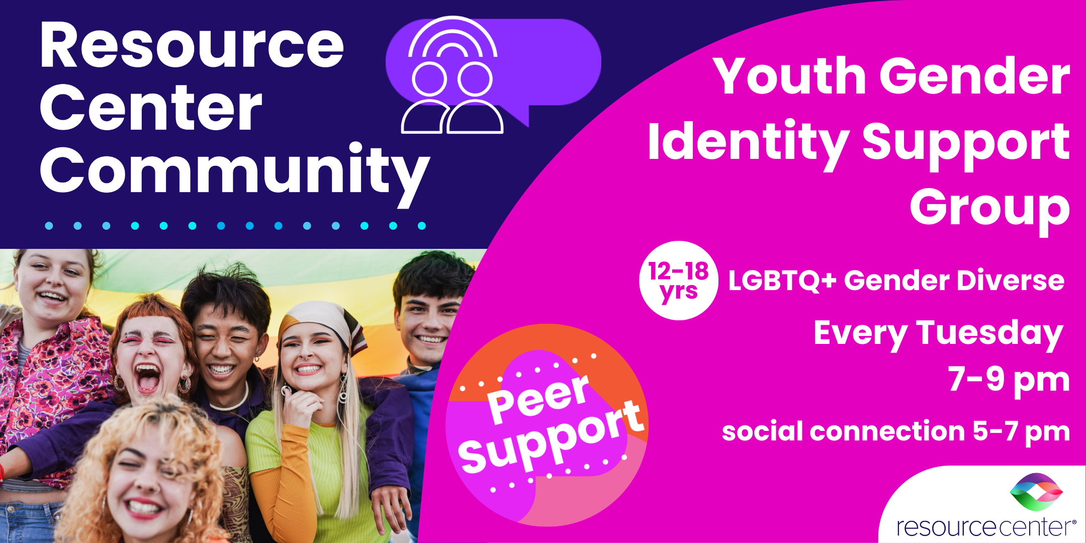 LGBTQ+ youth support group, every Tuesday 7-9 pm.